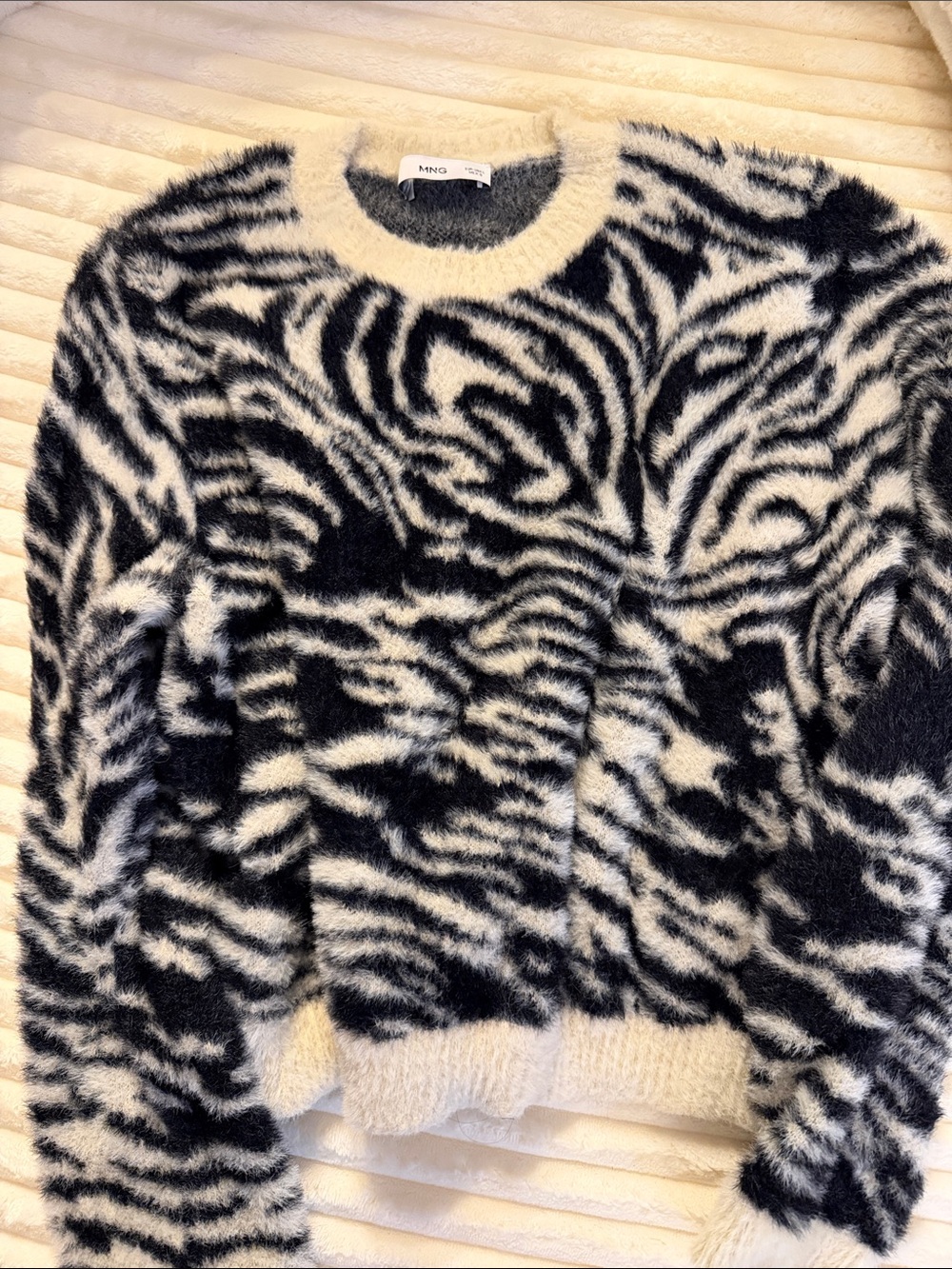 Mango Black and White Fuzzy Zebra-Pattern Crewneck Sweater